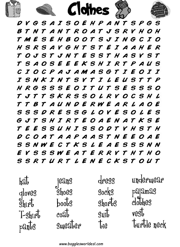 Clothes (New)   Clothes Wordsearch for Easy weather Wordsearch adults esl Hard Clothes worksheets