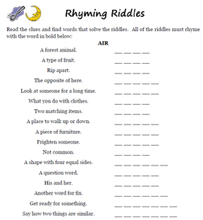 worksheet free rhyming for printable kindergarten Rhyming Word Riddles Worksheets Games