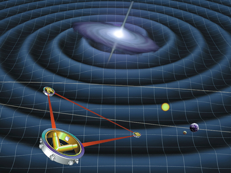 A rending of the Laser Interferometer Space Antenna (LISA) detecting gravity waves.