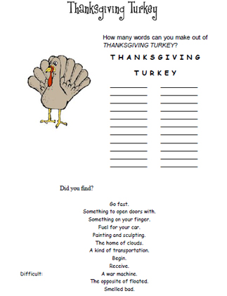 Thanksgiving Turkey Word Scramble Worksheet