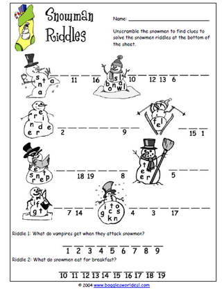 Christmas Snowman Riddles Worksheet