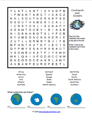 Continents and Oceans Word Search