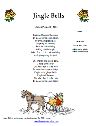 Jingle Bells Christmas Carol Handwriting Practice Activity