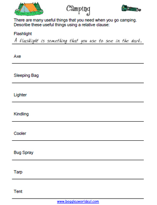 Camping Relative Clause Worksheet