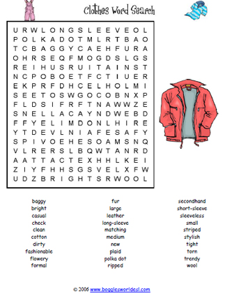 Clothing Adjectives Word Search