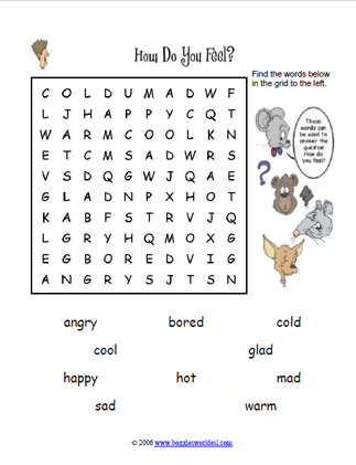 easy feelings and emotions word search