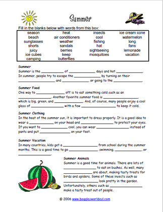 Summer Cloze Worksheet