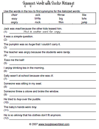 Synonym Exercise Worksheet