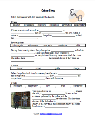 crime cloze worksheet