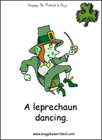 Sample Leprechuan card: A leprechaun dancing.