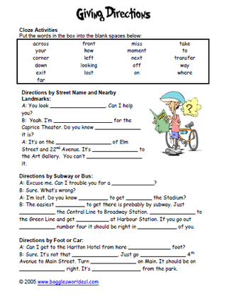 giving directions cloze worksheet