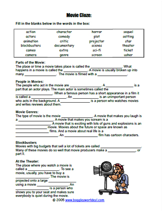 movie vocabulary cloze worksheet